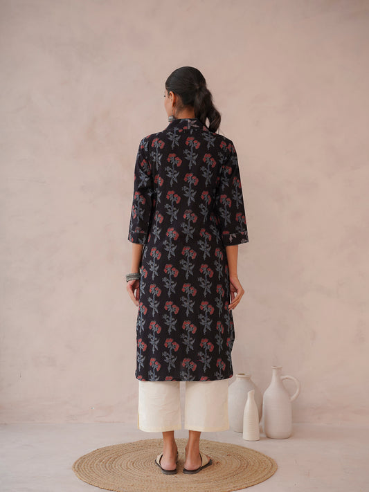 Cotton Printed Straight Kurta Black