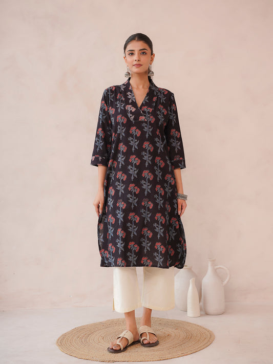 Cotton Printed Straight Kurta Black