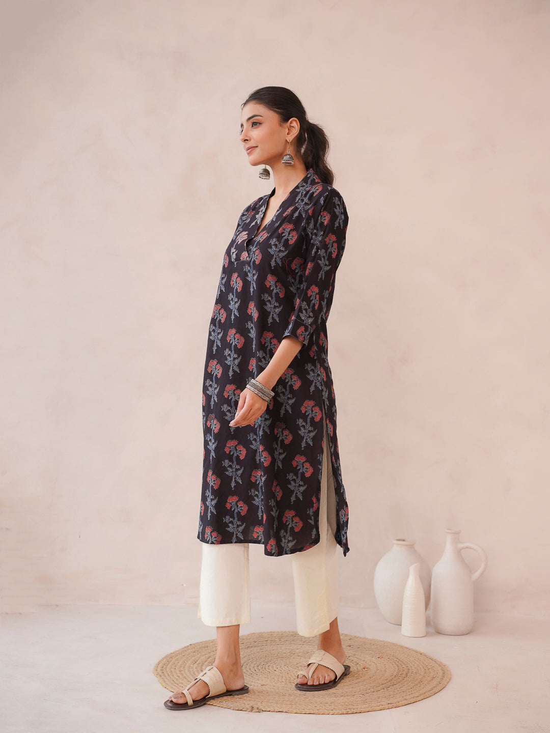 Cotton Printed Straight Kurta Black