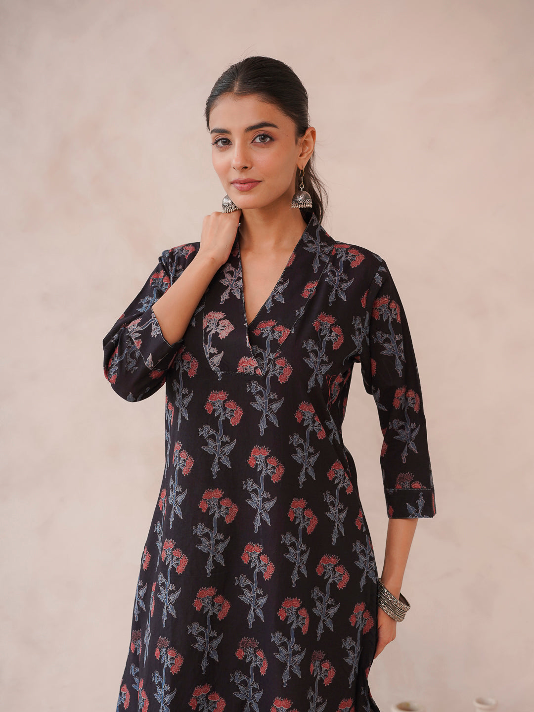 Cotton Printed Straight Kurta Black