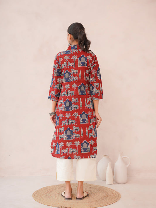 Cotton Printed Straight Kurta Berry Red
