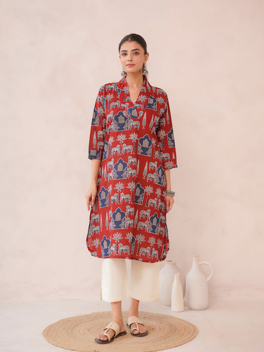 Cotton Printed Straight Kurta Berry Red