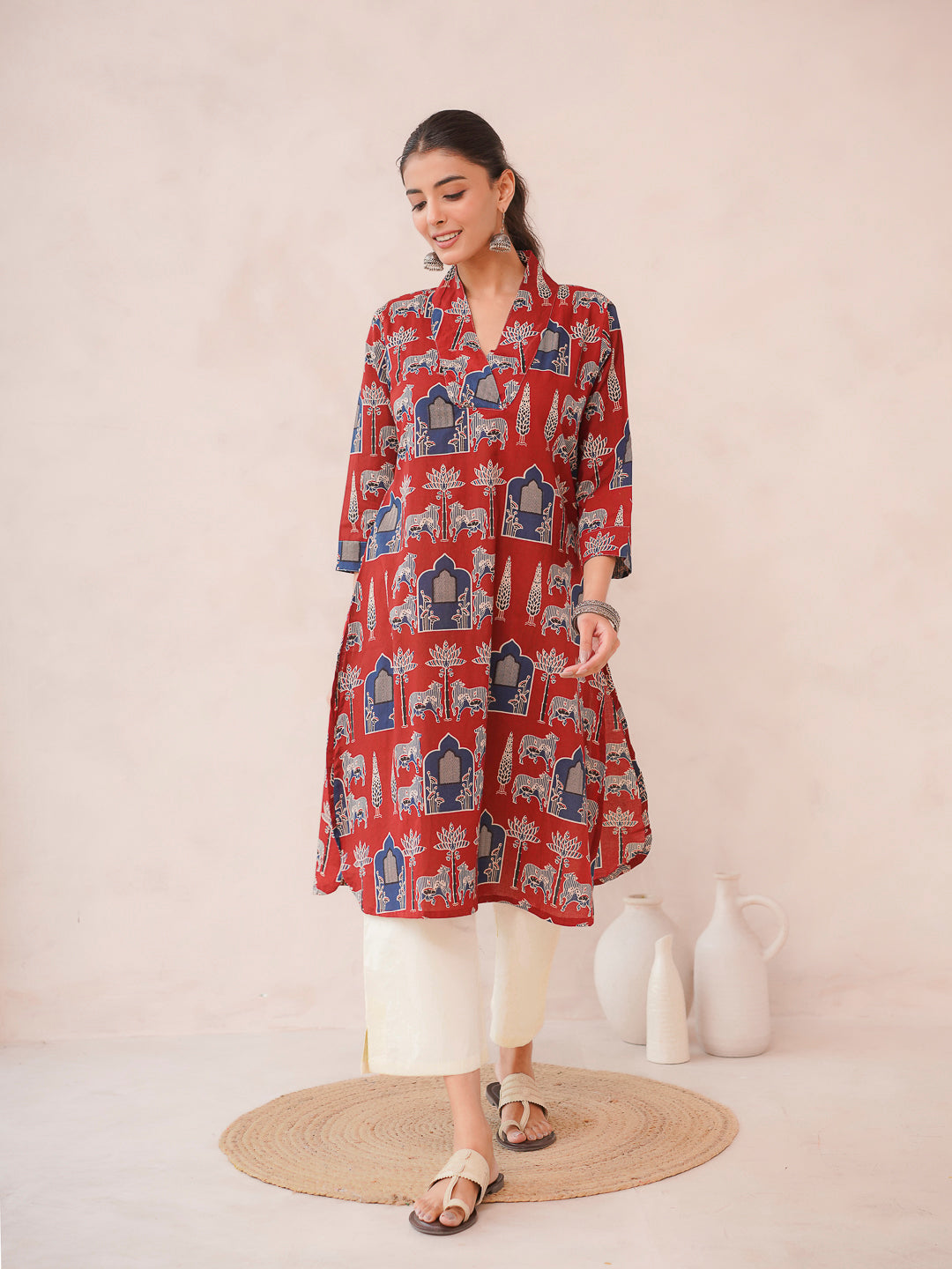 Cotton Printed Straight Kurta Berry Red