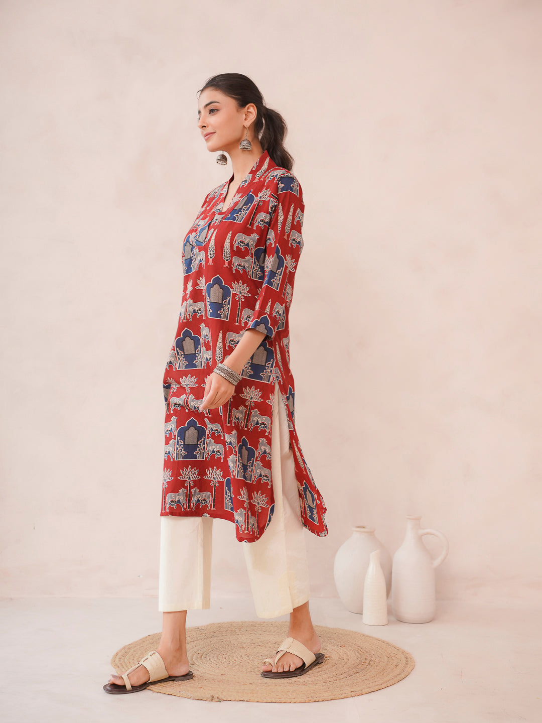 Cotton Printed Straight Kurta Berry Red