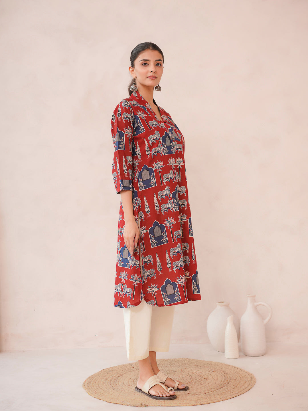 Cotton Printed Straight Kurta Berry Red