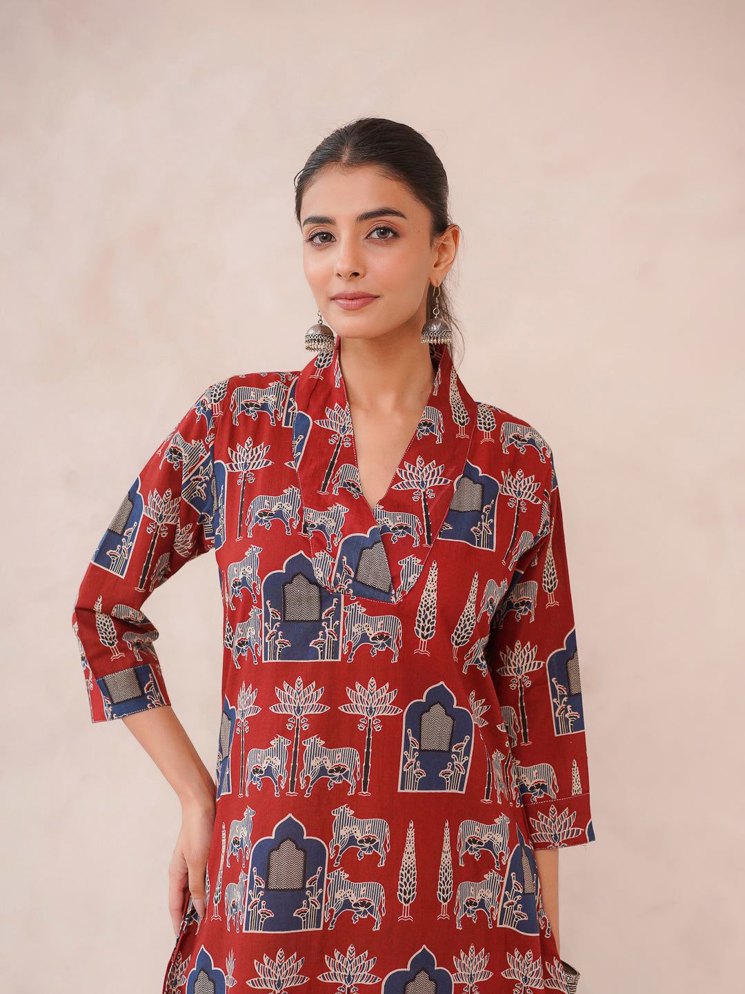 Cotton Printed Straight Kurta Berry Red