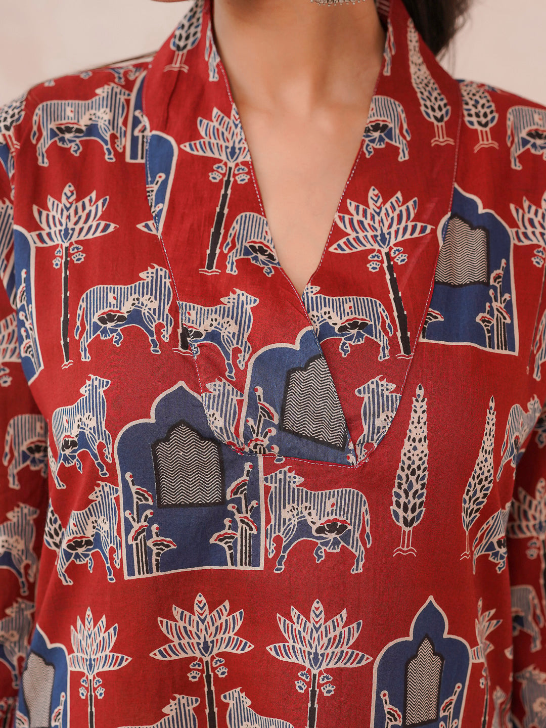 Cotton Printed Straight Kurta Berry Red