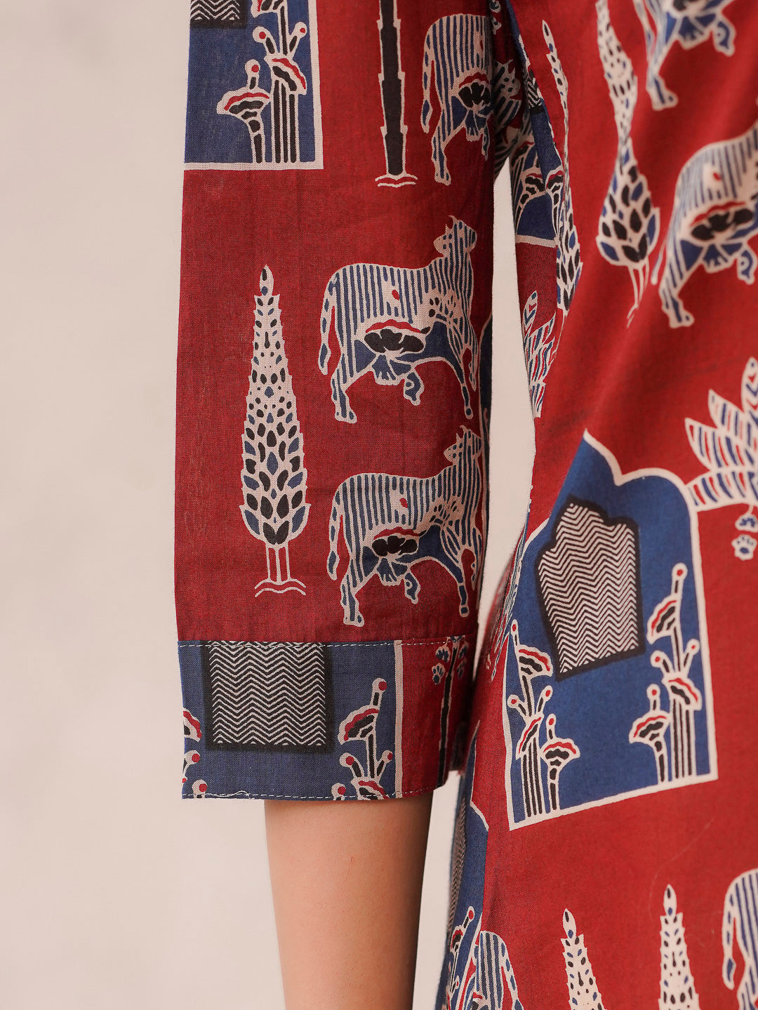 Cotton Printed Straight Kurta Berry Red