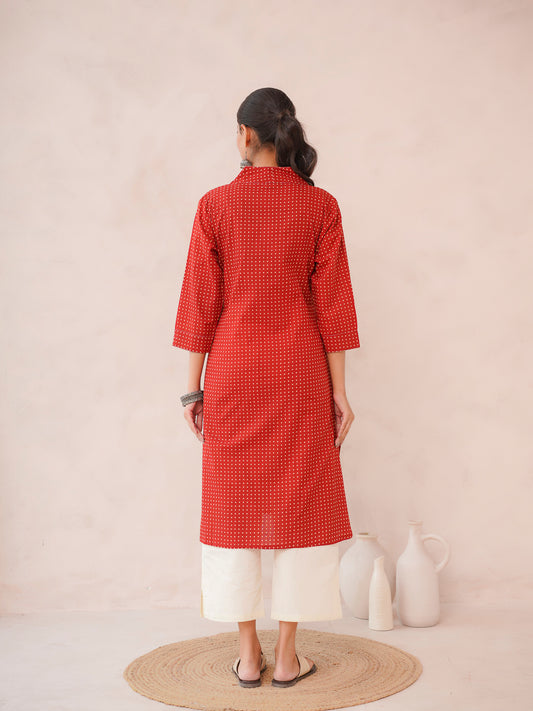 Cotton Printed Straight Kurta Red