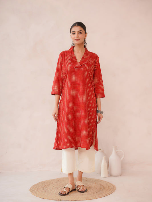 Cotton Printed Straight Kurta Red