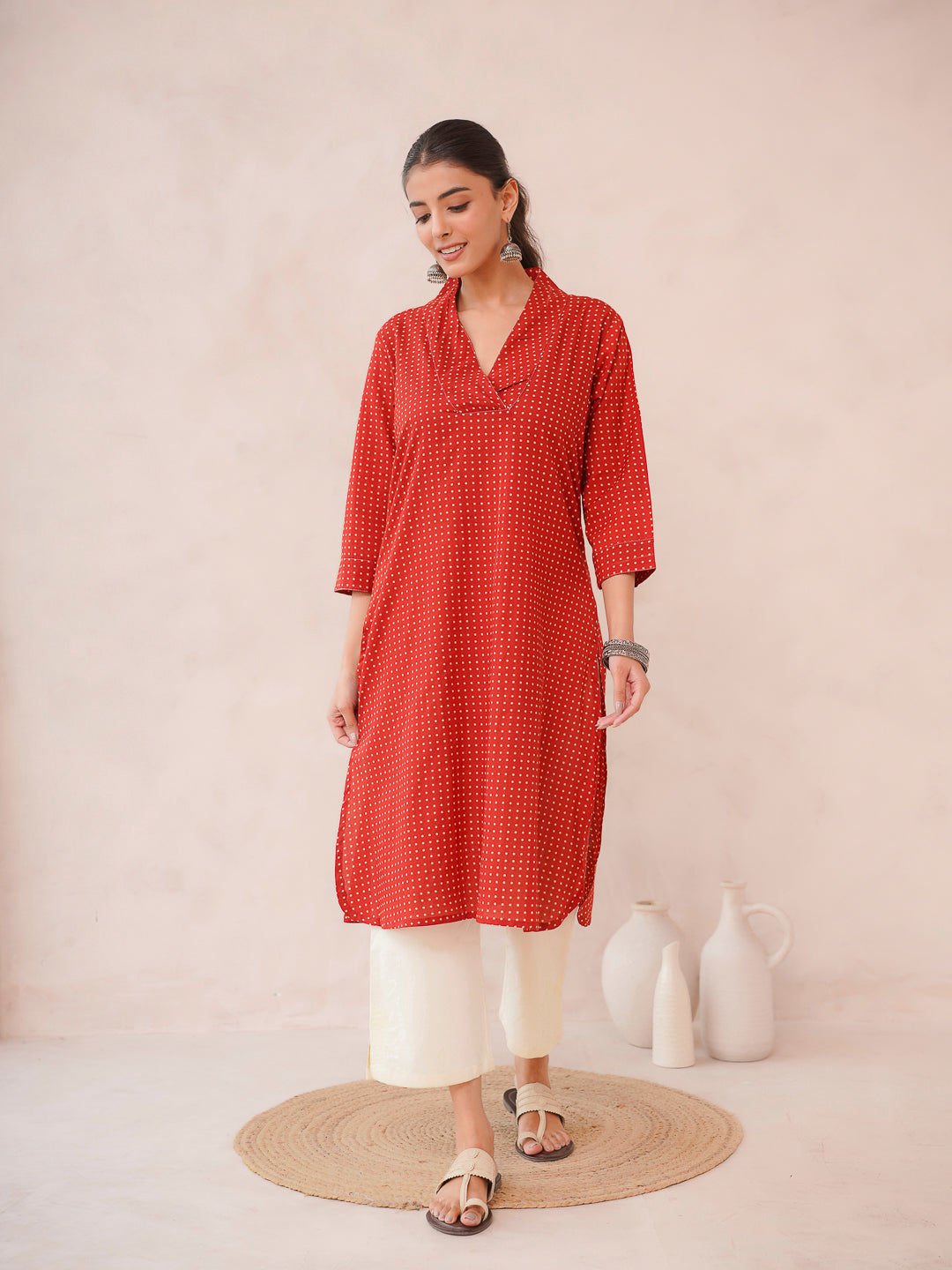 Cotton Printed Straight Kurta Red