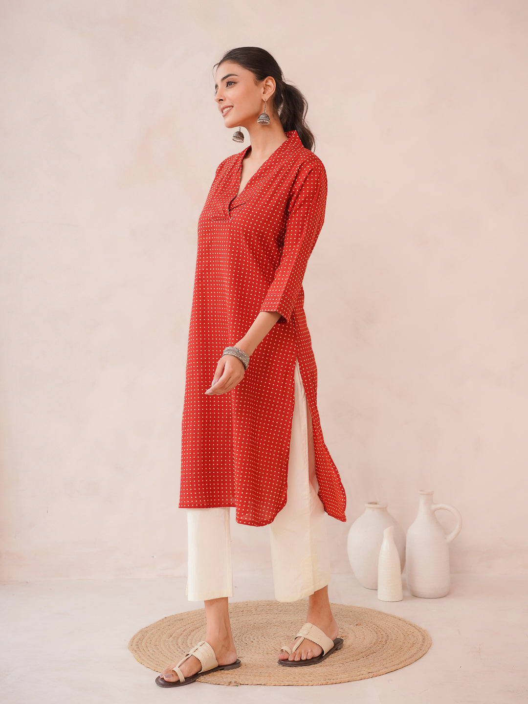 Cotton Printed Straight Kurta Red
