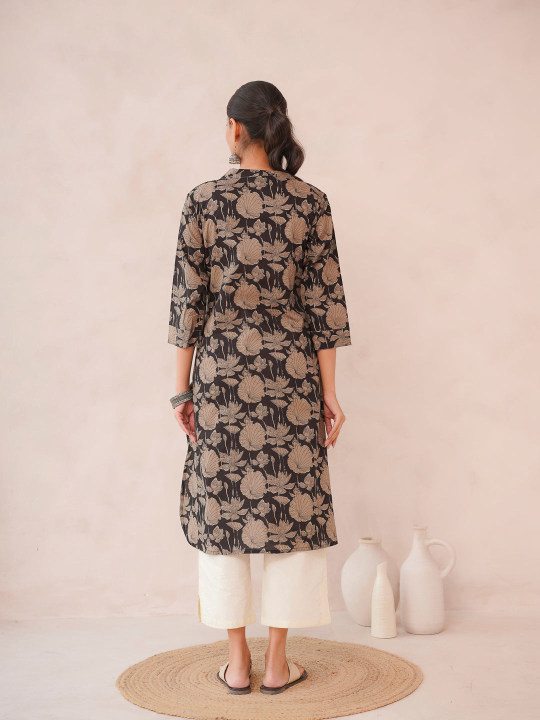 Cotton Printed Straight Kurta Black