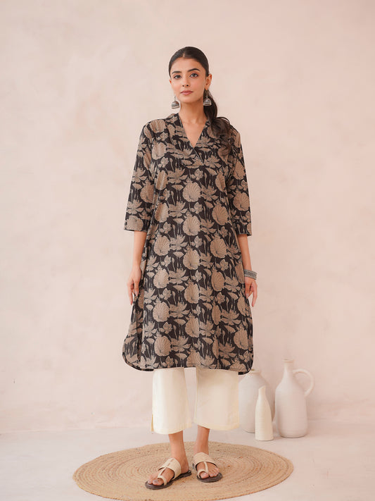 Cotton Printed Straight Kurta Black