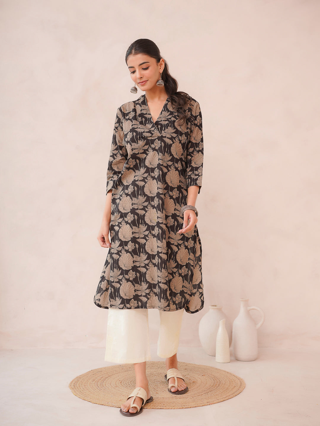 Cotton Printed Straight Kurta Black