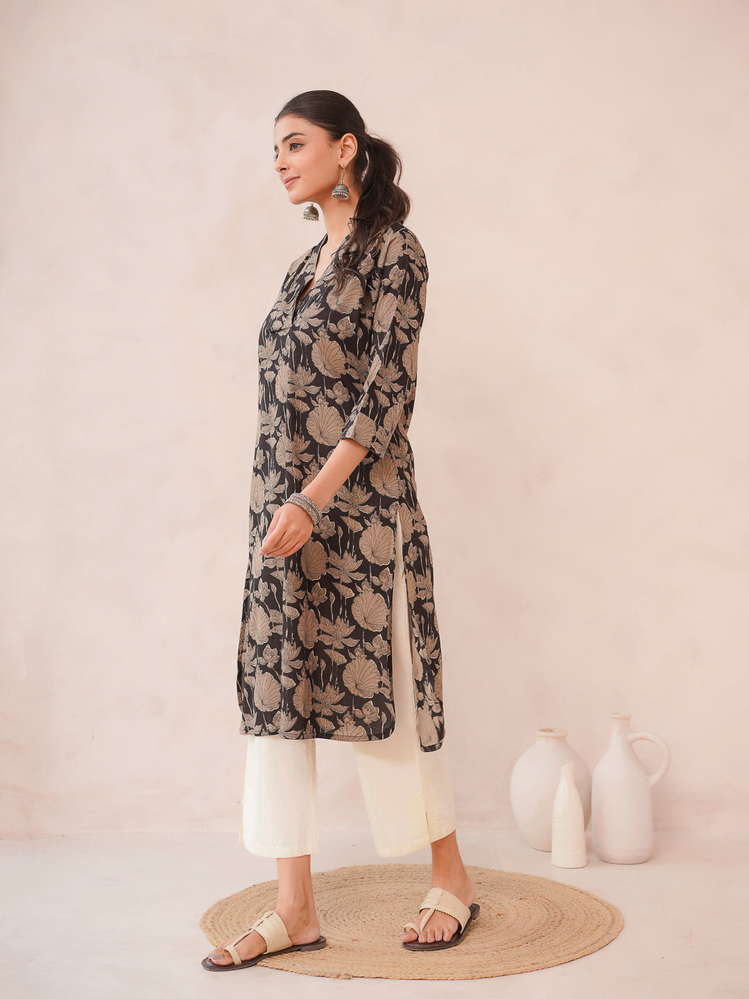 Cotton Printed Straight Kurta Black