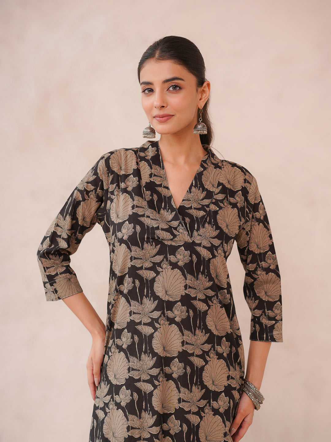 Cotton Printed Straight Kurta Black