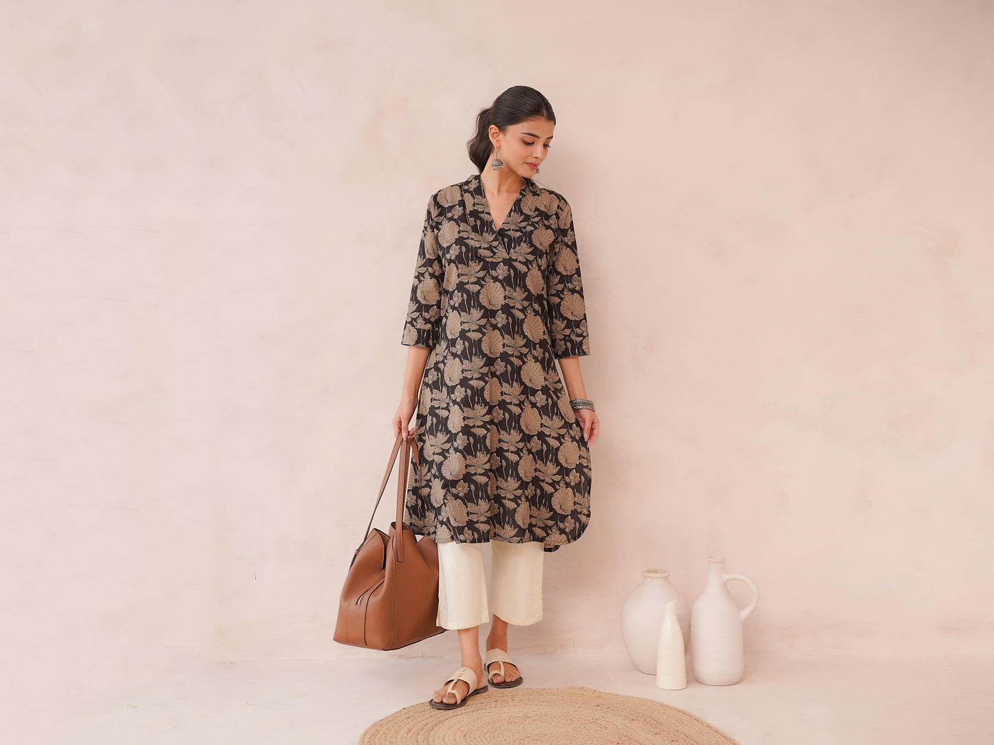 Cotton Printed Straight Kurta Black