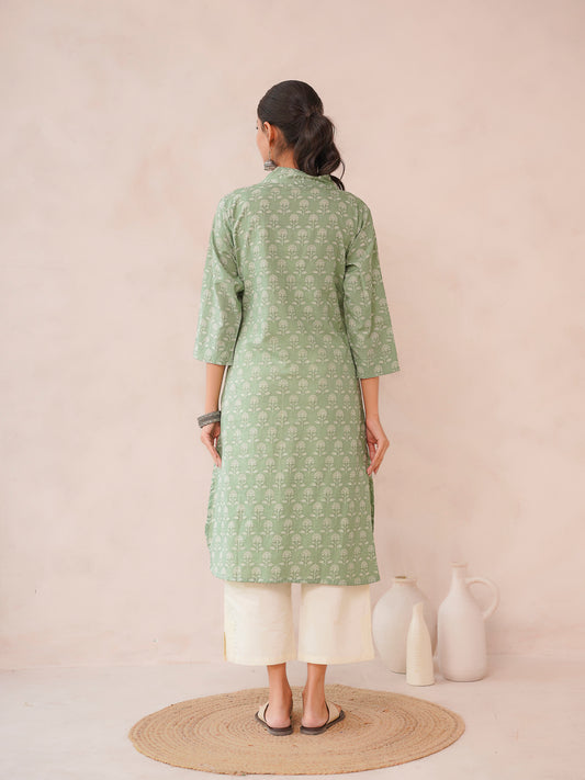 Cotton Printed Straight Kurta Green