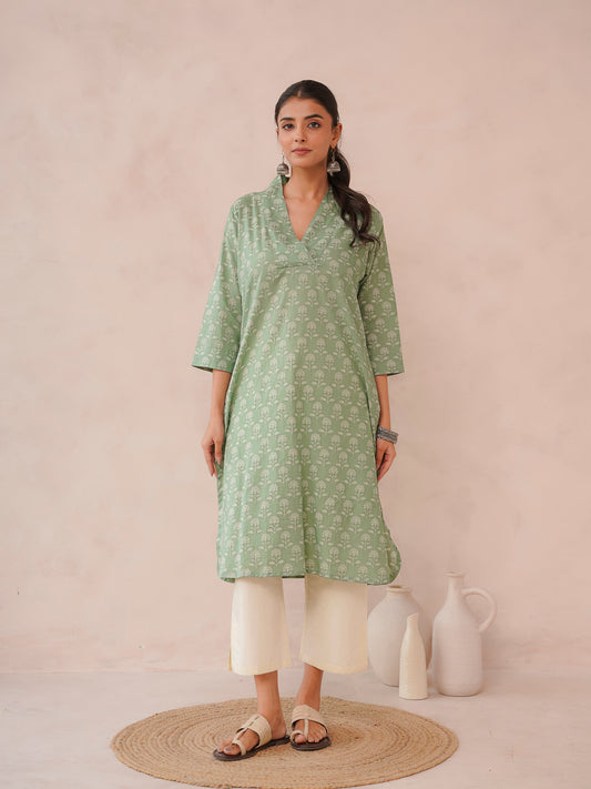 Cotton Printed Straight Kurta Green
