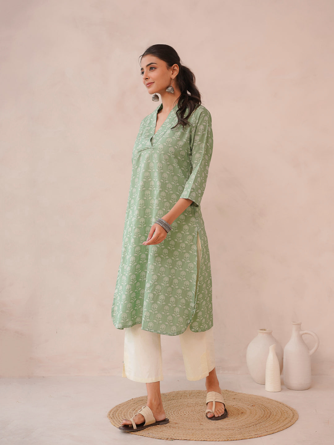 Cotton Printed Straight Kurta Green