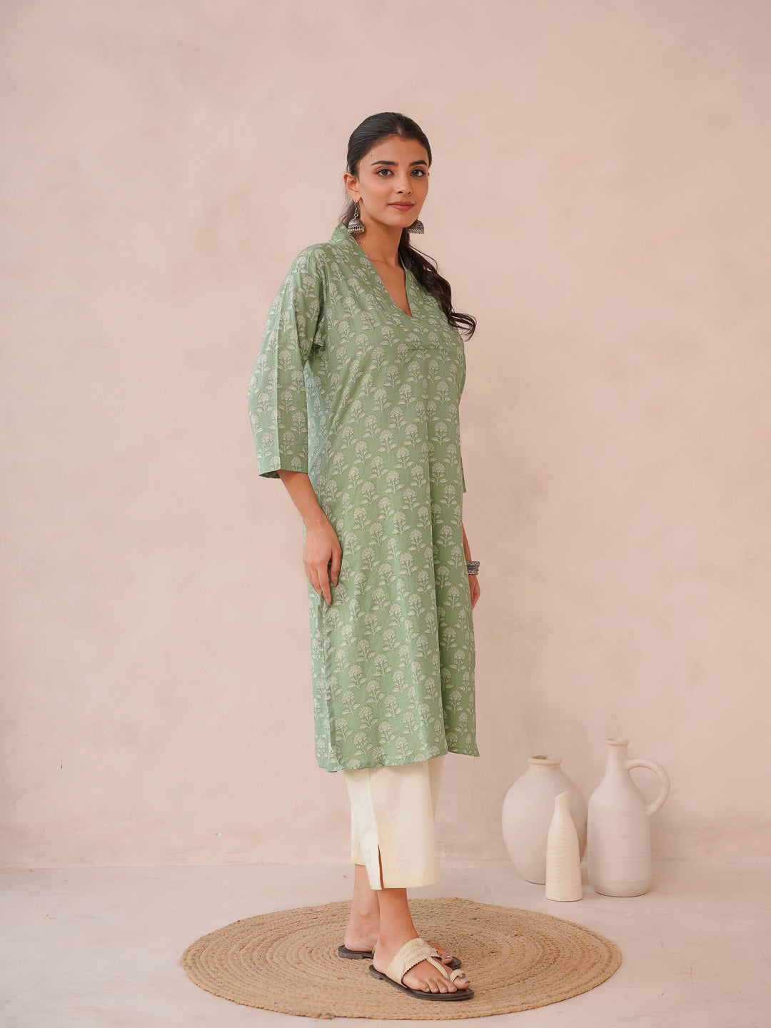 Cotton Printed Straight Kurta Green