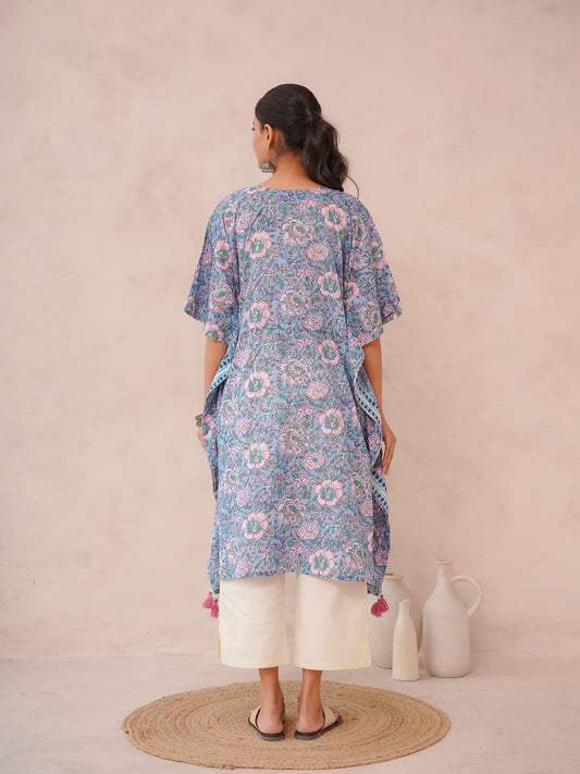 Knee-Length Cotton Tassel Kaftan Light Blue