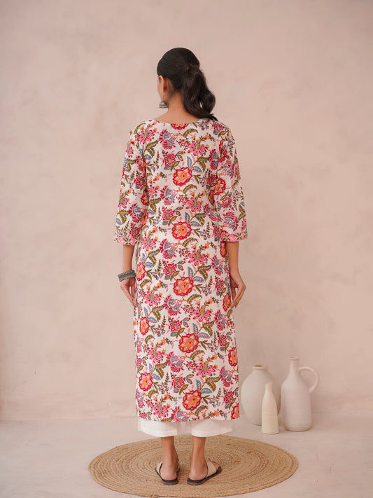 Cotton Block Printed Long Kurta Multicolor