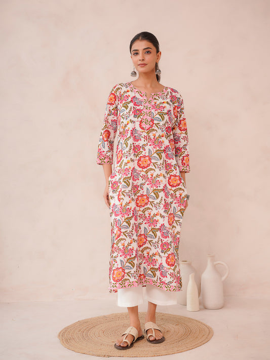 Cotton Block Printed Long Kurta Multicolor