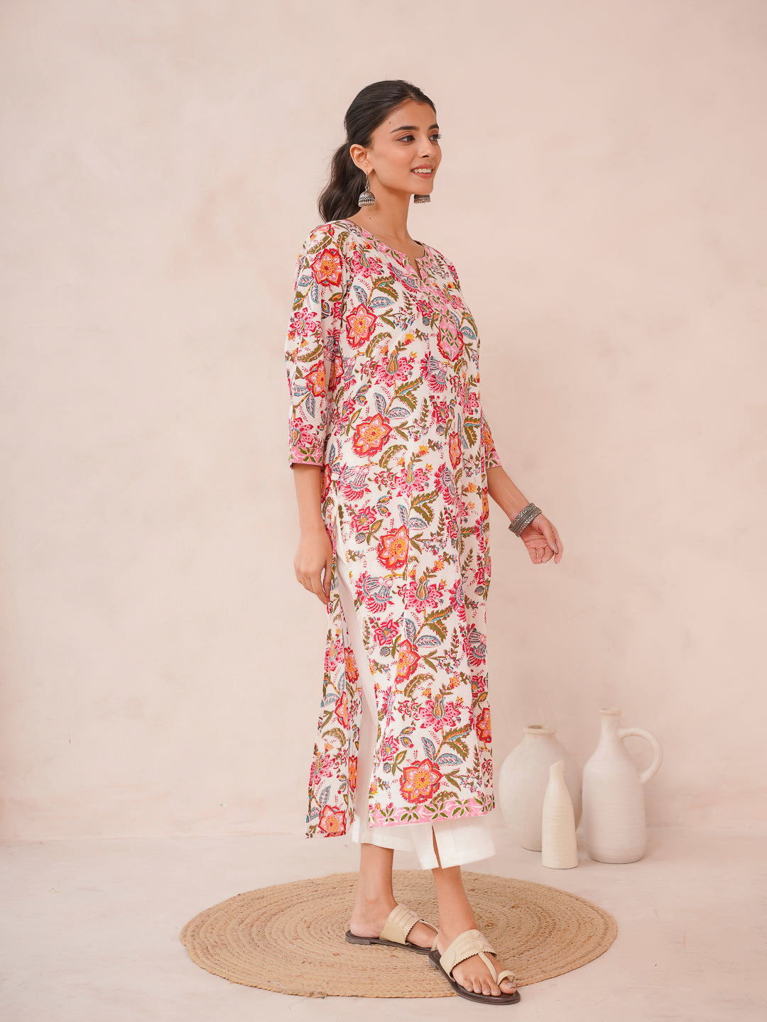 Cotton Block Printed Long Kurta Multicolor
