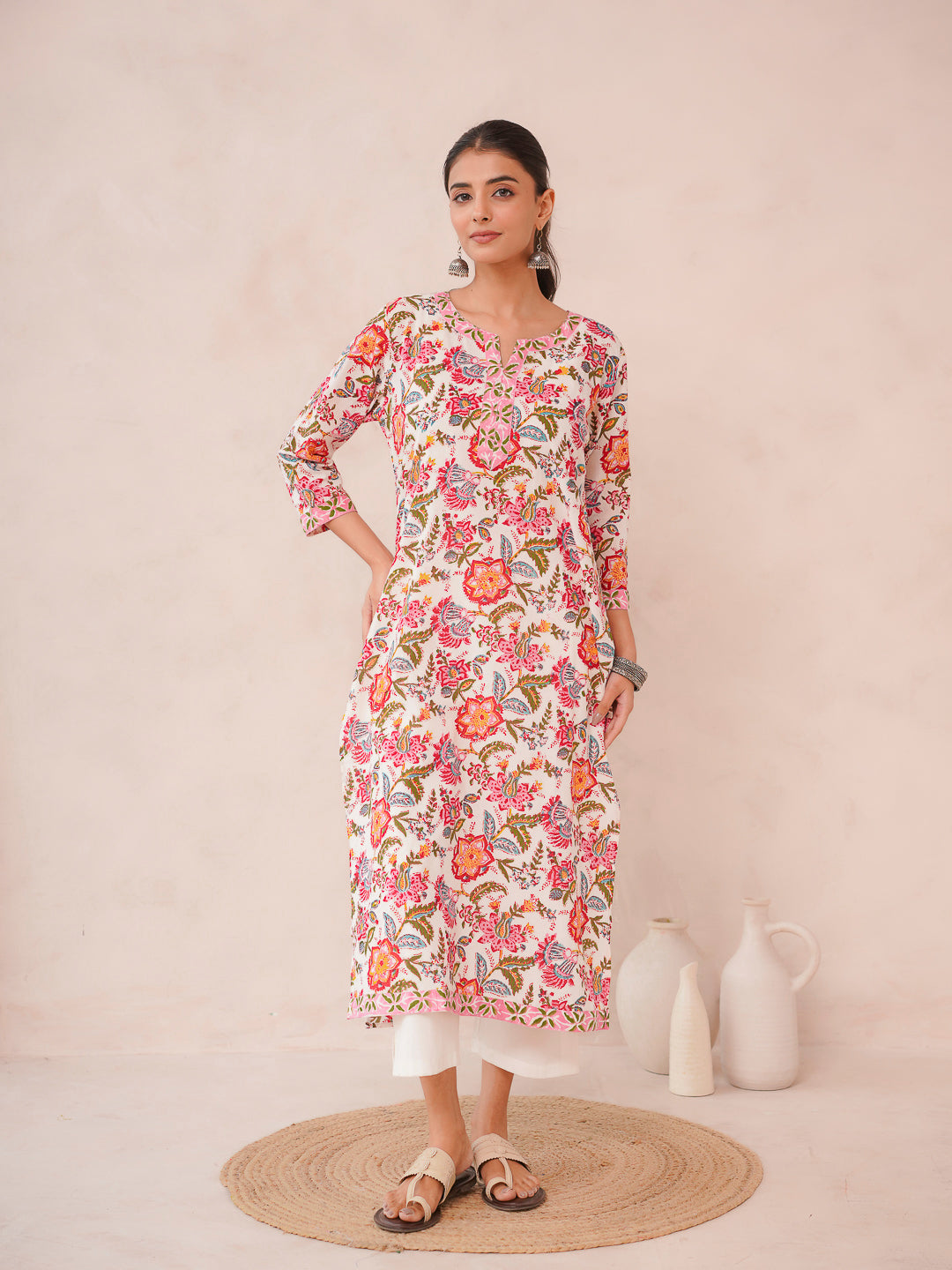 Cotton Block Printed Long Kurta Multicolor