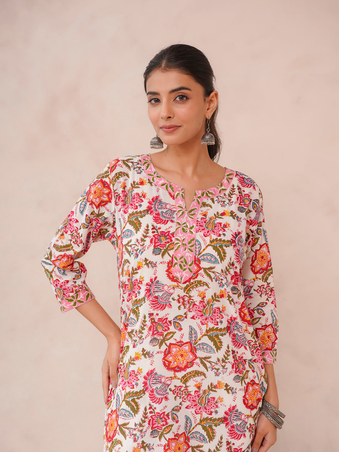 Cotton Block Printed Long Kurta Multicolor