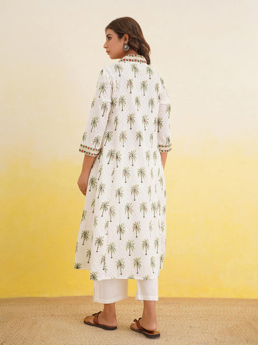 Block-Printed Cotton Mughal A-Line Kurta Palm Tree