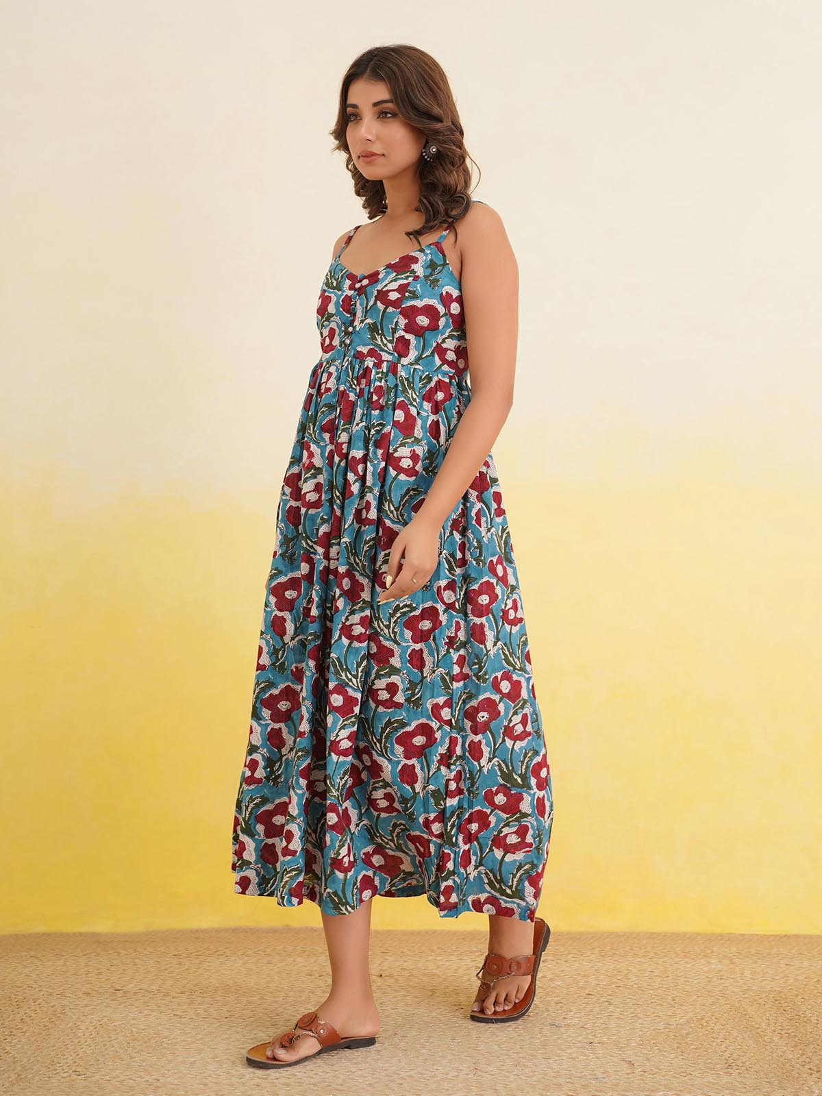 V-Neck Long Strappy Dress Turquoise