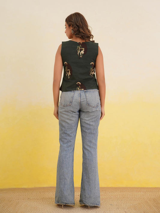 Sleeveless Cotton Block Printed Kothi Top Indigo