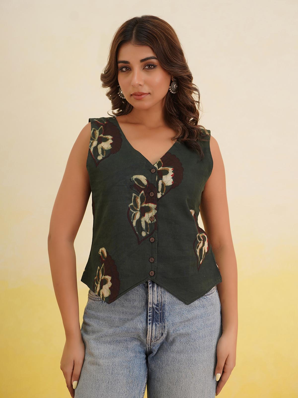 Sleeveless Cotton Block Printed Kothi Top Indigo