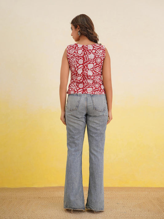 Sleeveless Cotton Block Printed Kothi Top Red