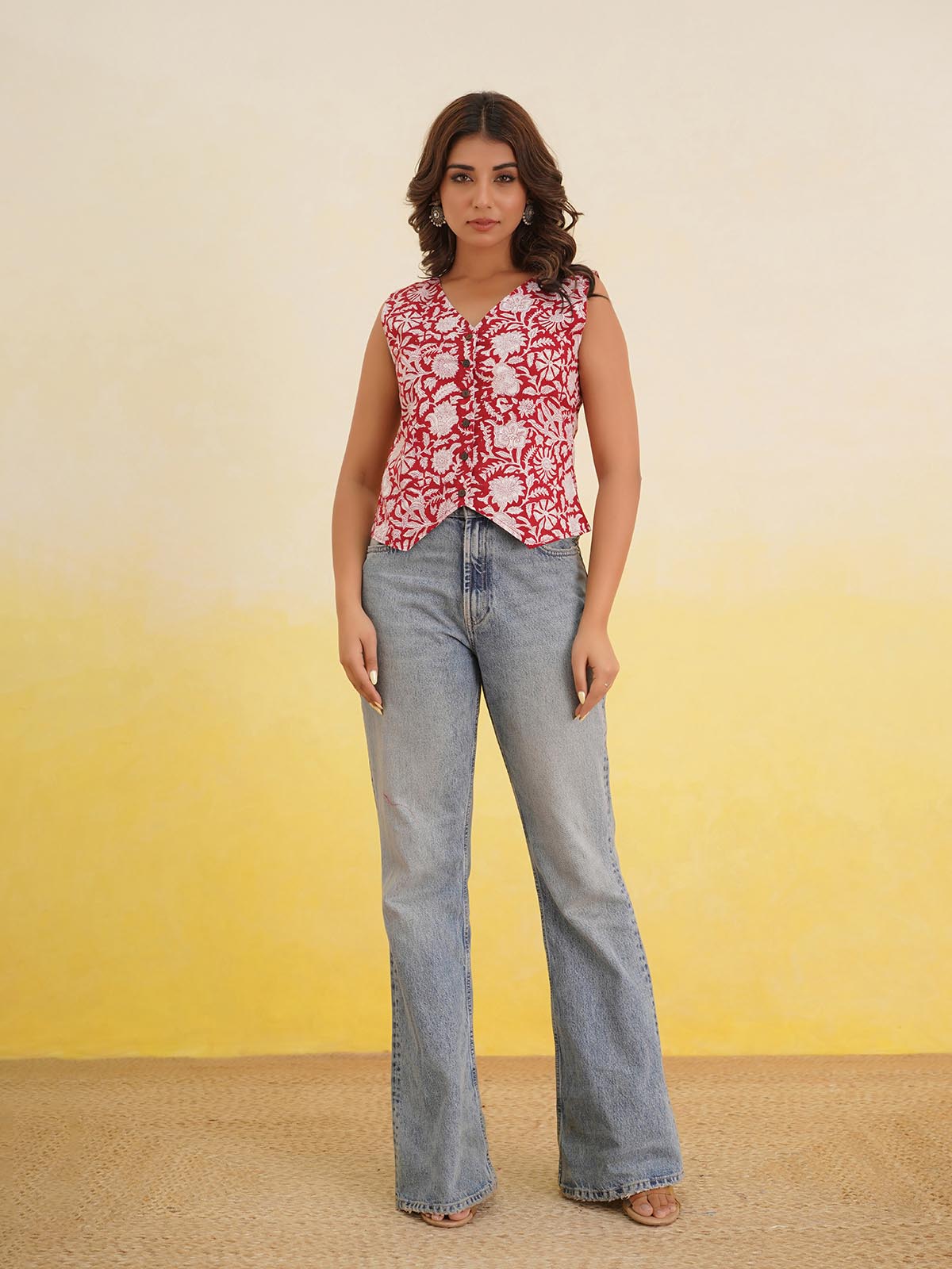 Sleeveless Cotton Block Printed Kothi Top Red