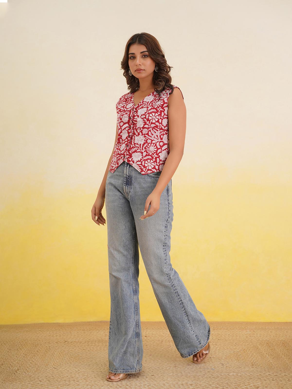 Sleeveless Cotton Block Printed Kothi Top Red