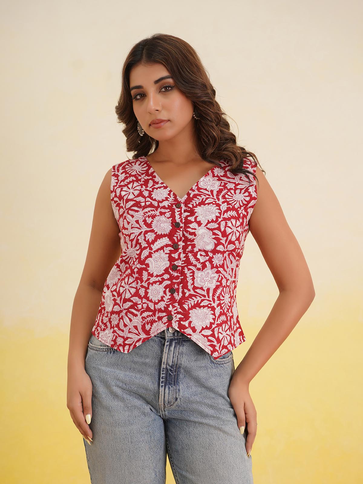 Sleeveless Cotton Block Printed Kothi Top Red