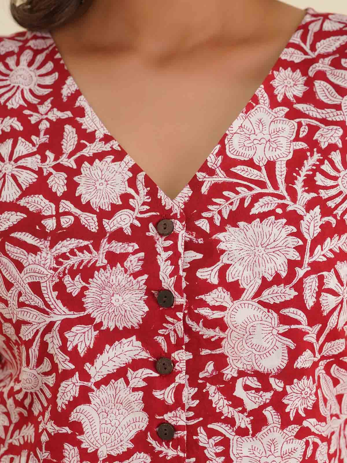 Sleeveless Cotton Block Printed Kothi Top Red