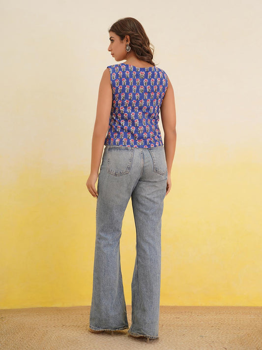 Sleeveless Cotton Block Printed Kothi Top Blue