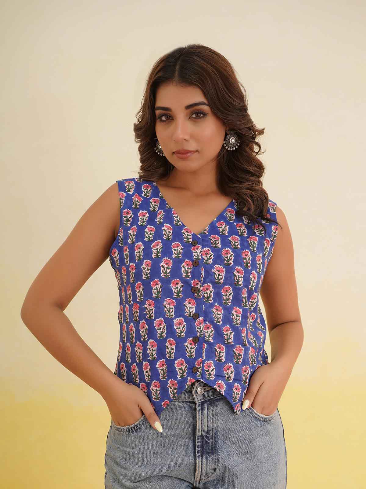 Sleeveless Cotton Block Printed Kothi Top Blue