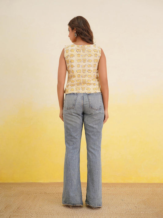 Sleeveless Cotton Block Printed Kothi Top Yellow