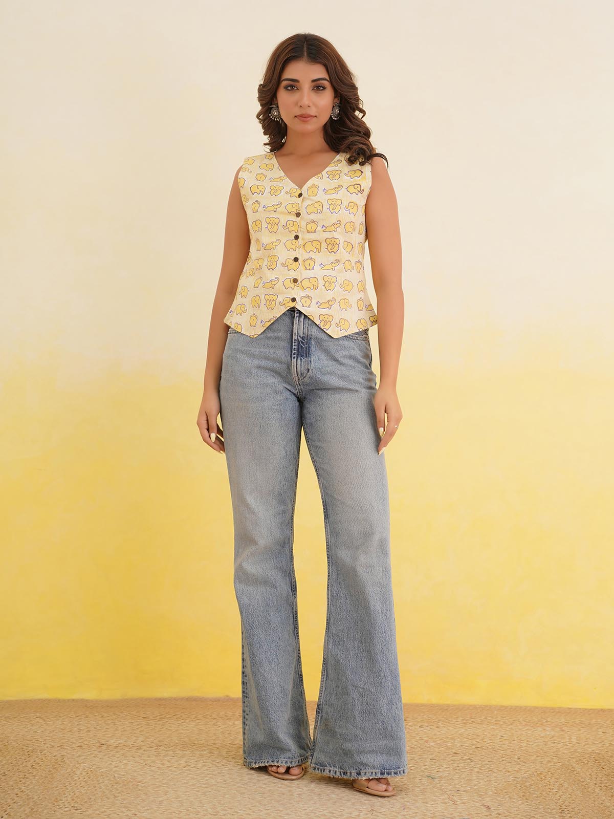 Sleeveless Cotton Block Printed Kothi Top Yellow