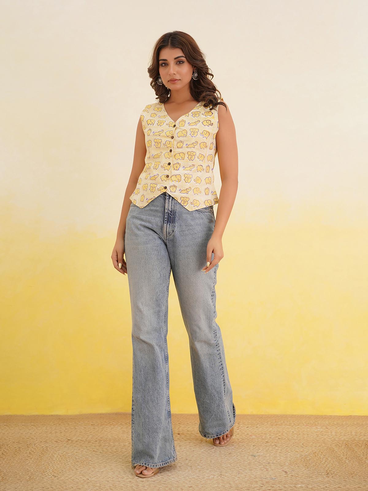 Sleeveless Cotton Block Printed Kothi Top Yellow