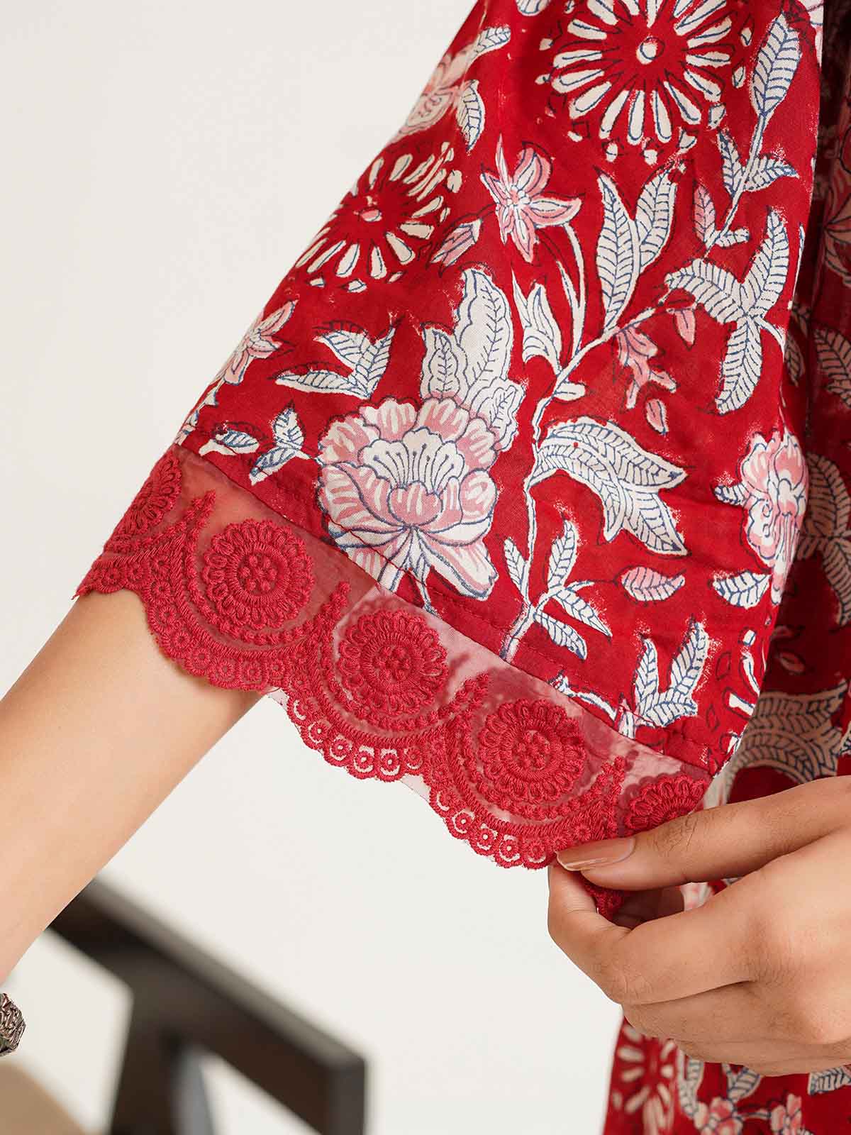 Block Printed Cotton Kurta Pant Bagiya Set Cherry Red