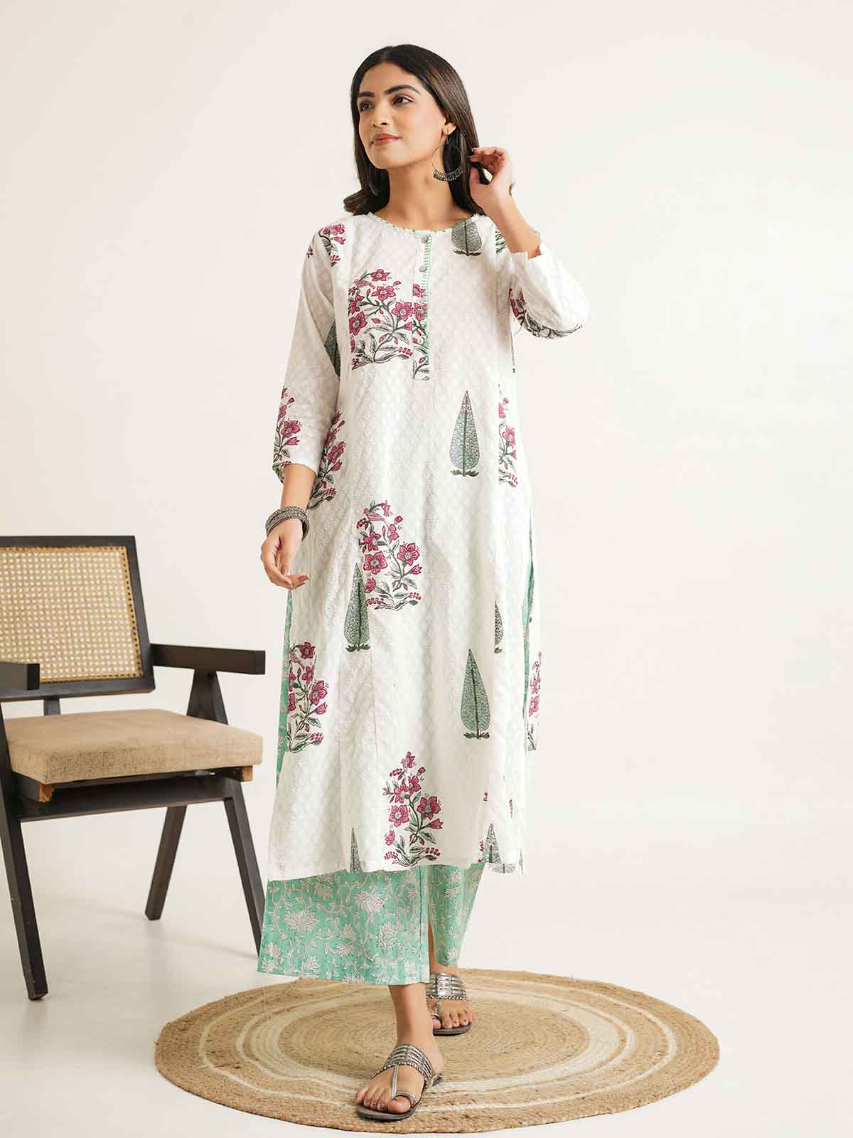 Block Printed A-Line Cotton Kurta Pant Chandni Set White