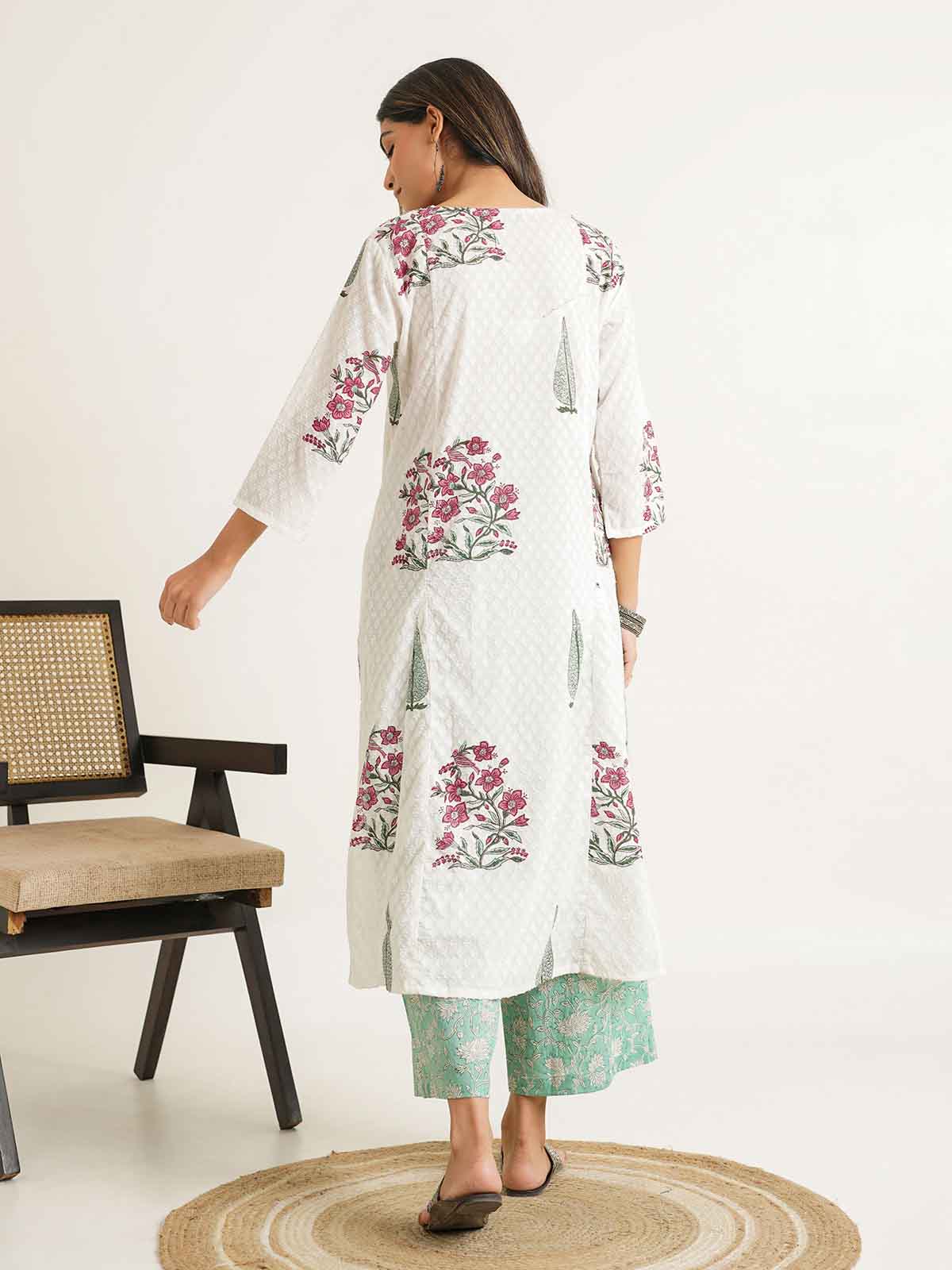 Block Printed A-Line Cotton Kurta Pant Chandni Set White