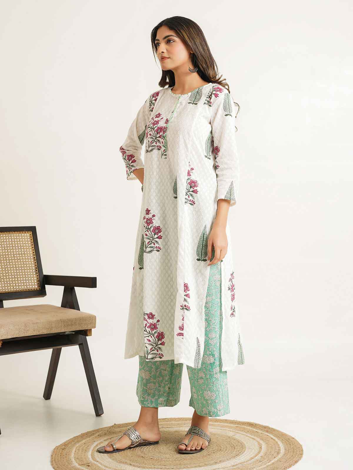 Block Printed A-Line Cotton Kurta Pant Chandni Set White